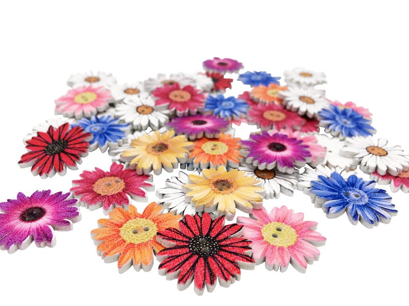 T-shin Wooden Buttons, Retro Flower-Shaped Pattern Decorative Button,Novelty Mixed Round 2 Holes Buttons Pack of 50(Multicolored-Flower) - Image 1